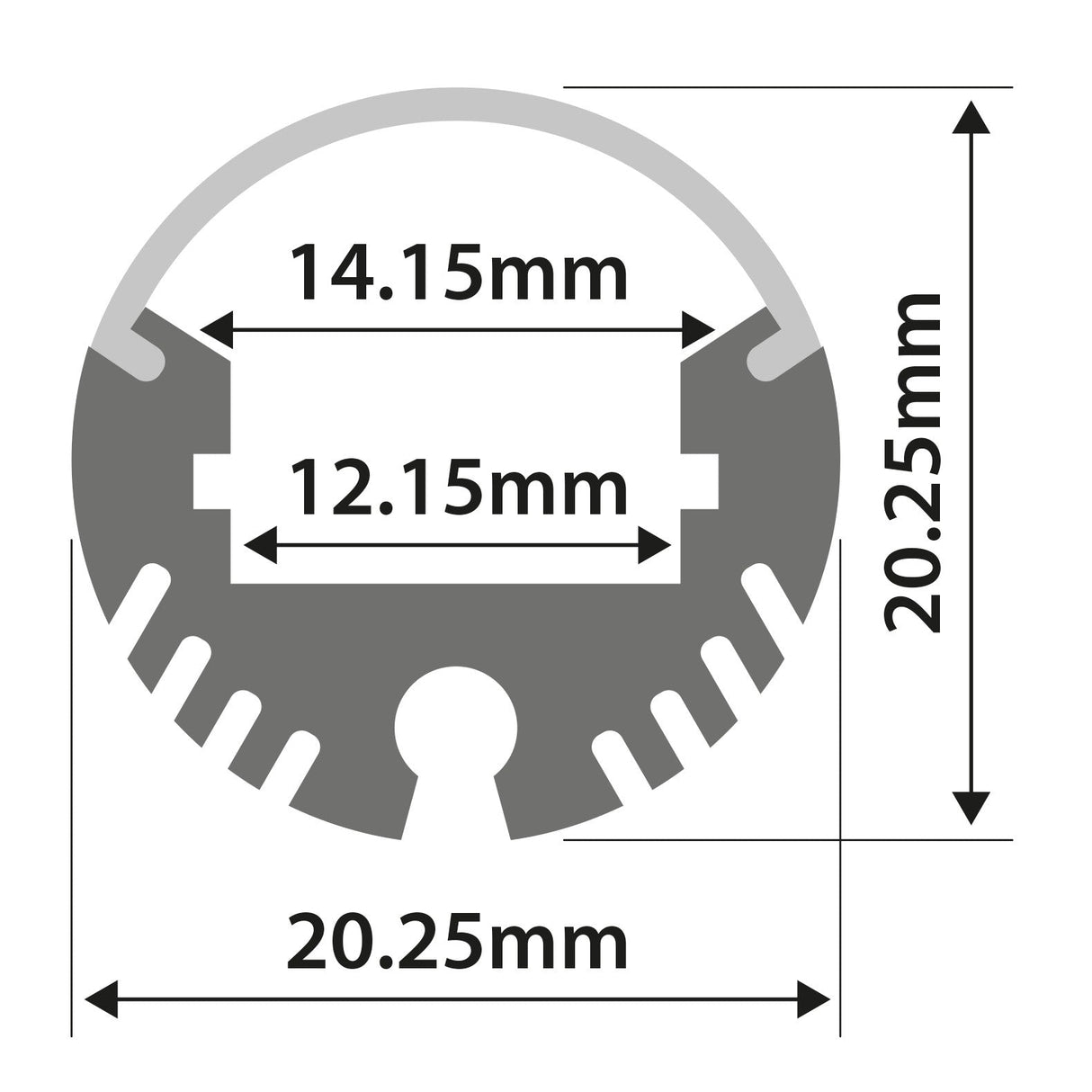 A diagram of the LYYT Tube Batten Surface Mount LED Profile - 1m shows a circular clip-on diffuser with cutouts, measuring 20.25mm in height and width, and inner sections of 14.15mm and 12.15mm, with arrows indicating these distances.
