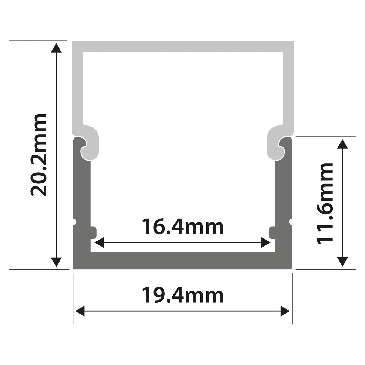 Technical diagram of the LYYT Box Section Surface Mount LED Profile - 2m, illustrating a rectangular cross-section: 20.2mm tall, 19.4mm wide externally, and 16.4mm by 11.6mm internally—ideal for LED tape diffusers.