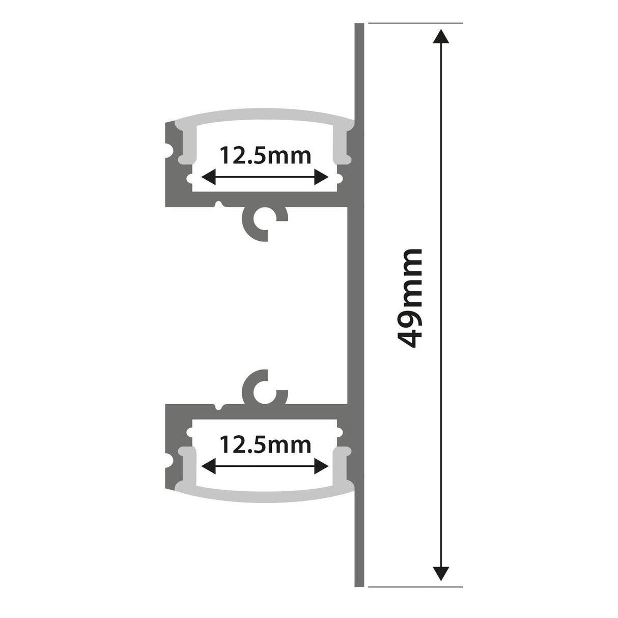 Cross-section diagram of the LYYT 2-Way Surface Mount LED Profile Bar - 2m: a 49mm high vertical structure with two 12.5mm wide horizontal LED tape channels for hidden lighting, placed above and below the central section.