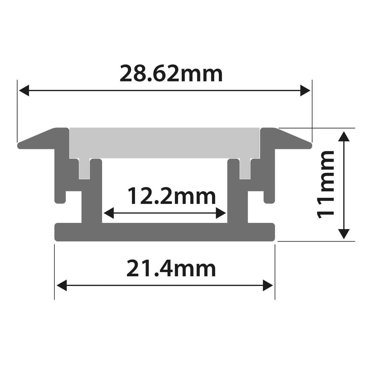 Technical diagram of the LYYT Waterproof Recessed LED Profile - 2m, cross-section with labeled dimensions: top width 28.62mm, inner width 12.2mm, base width 21.4mm, height 11mm.