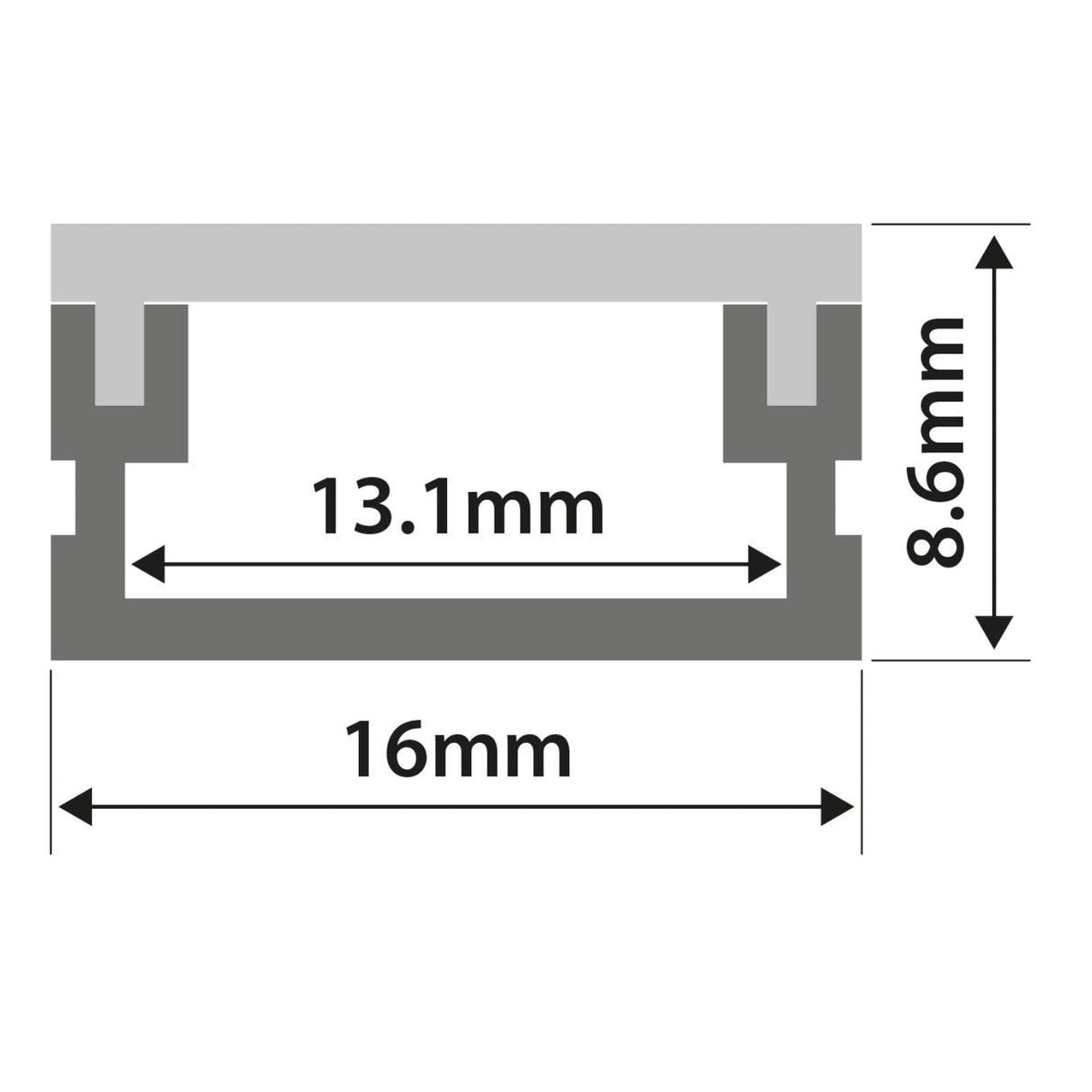 Technical diagram of the LYYT Waterproof Surface Mount LED Profile - 2m with a rectangular cross-section, labeled dimensions: 16mm wide, 8.6mm tall, and inner width of 13.1mm; measurements marked with arrows and numbers.