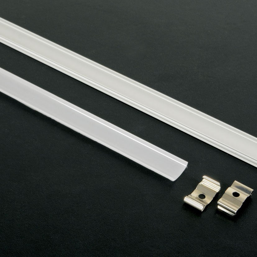 LYYT bendable surface mount LED strip profile by AVSL, showing two silver aluminium channels with opaque diffusers and two metal mounting clips.