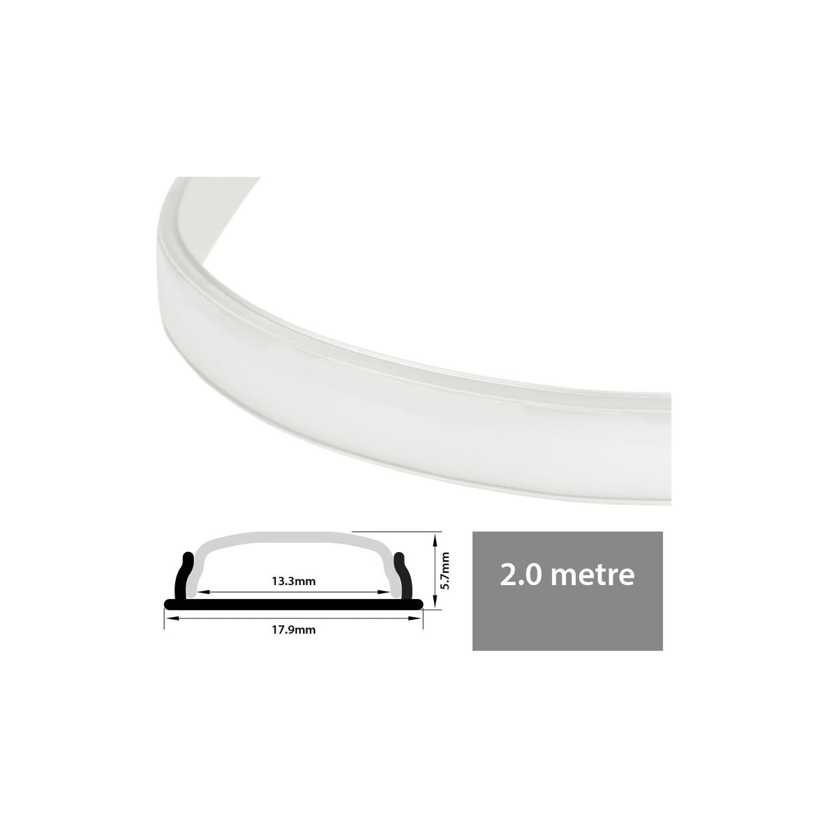 LYYT bendable surface mount LED strip profile in silver aluminium, shown curved with opaque diffuser and 17.9 x 5.7mm cross-section diagram, 2m length.
