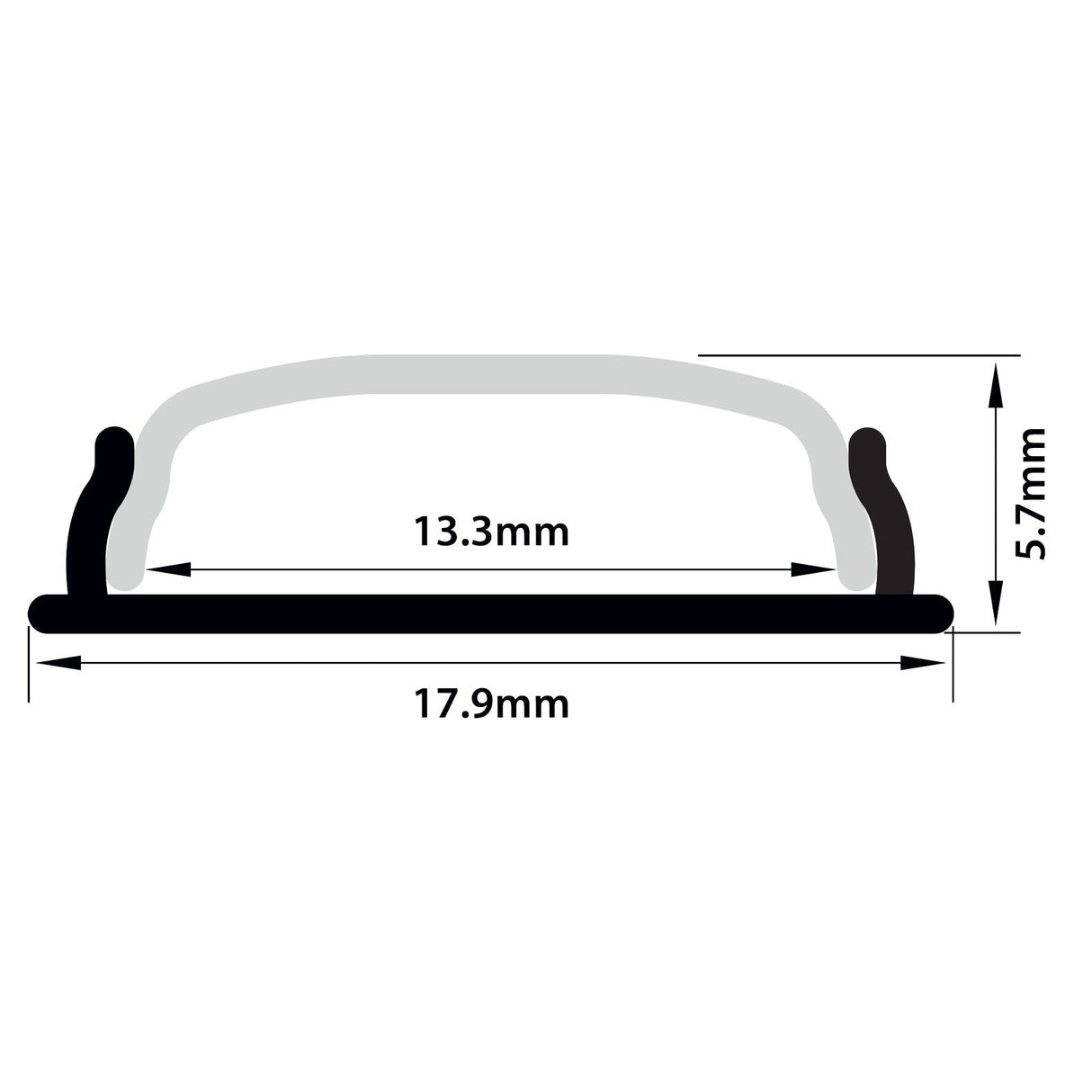 Cross-sectional diagram of the LYYT Bendable Surface Mount LED Strip Profile - 2m: curved top, flat base, 13.3 mm width between inner sides, 17.9 mm total width, and 5.7 mm height.