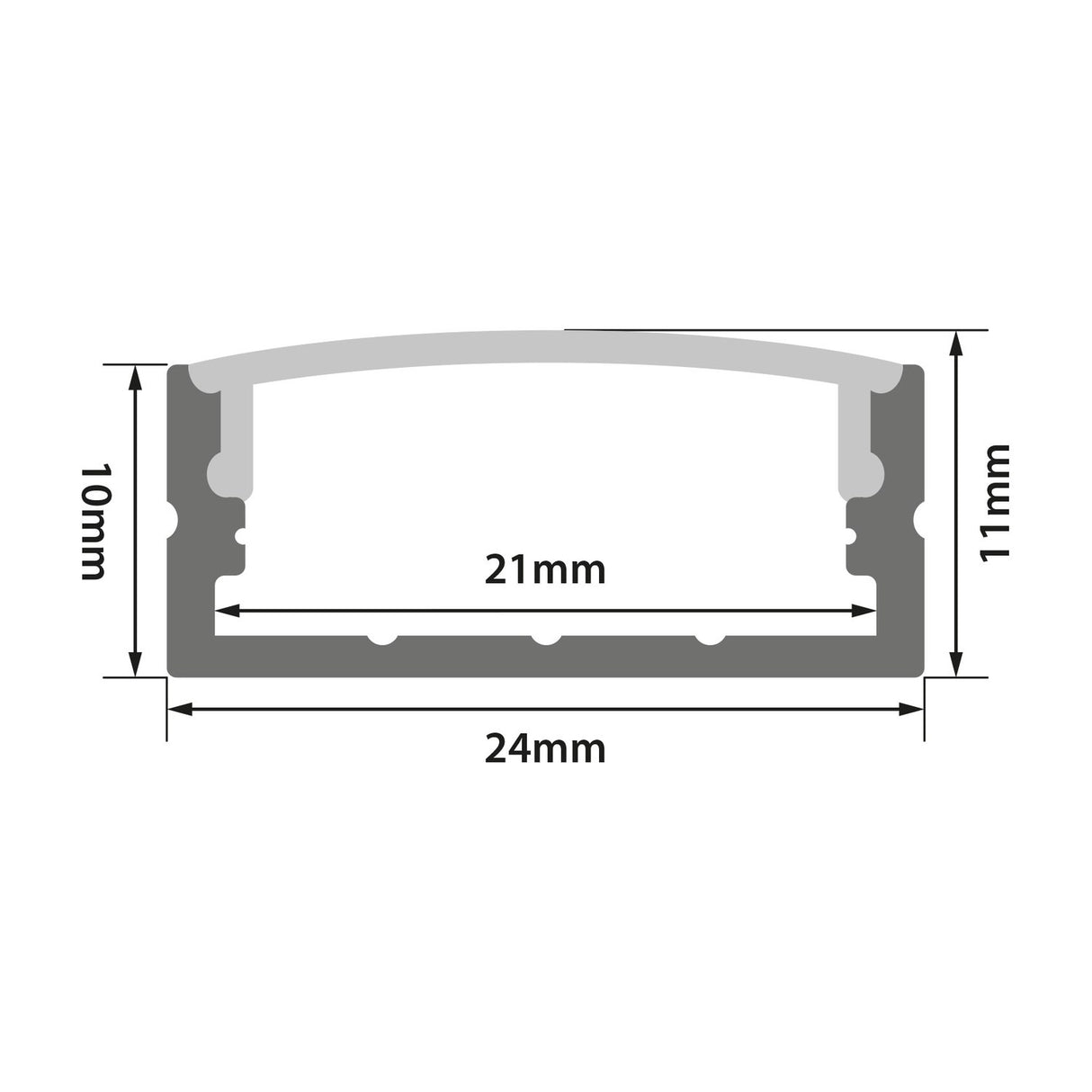 Technical diagram of the LYYT Wide Crown surface mount LED profile showing 24mm width, 11mm height, 21mm diffuser and 10mm channel dimensions.