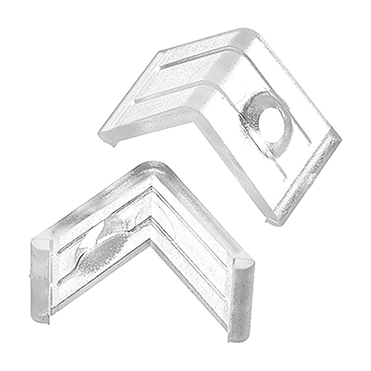 LYYT 90° arc profile mounting clips by AVSL, two clear polycarbonate right-angled brackets with curved tops and single screw holes on white.