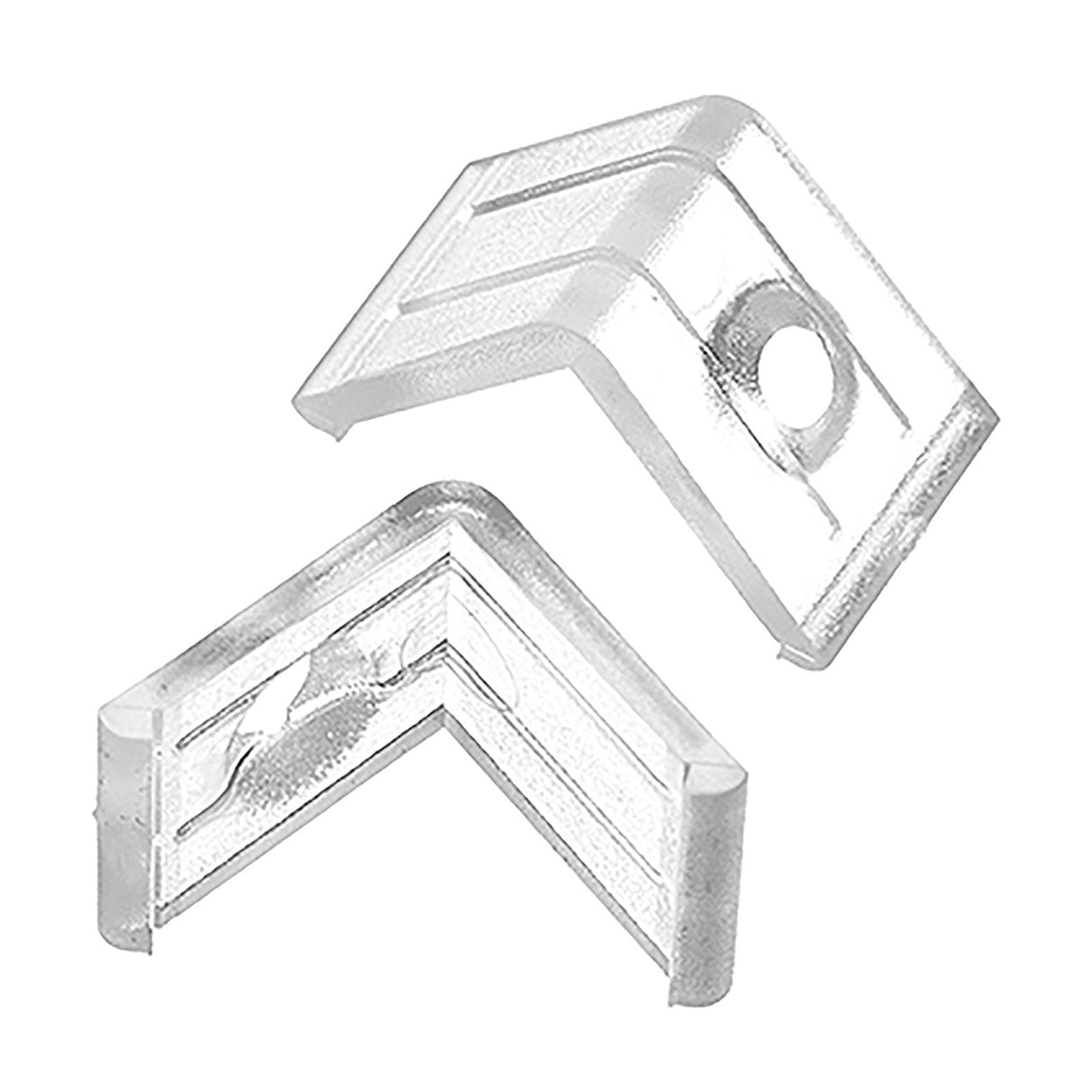 Close-up of two transparent LYYT 10 Clips 90° Arc Profile brackets resembling clips, each featuring a hole in one corner. Their textured surface ensures durability and is specifically designed for corner mounting or support, making them ideal for integration with aluminum profiles.