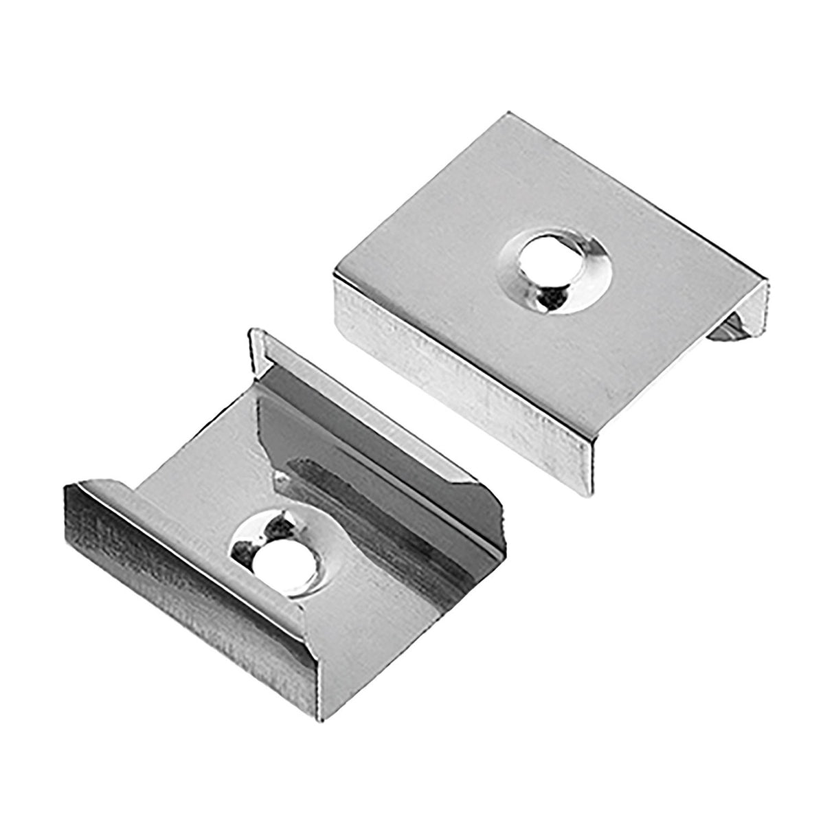 LYYT CLIP10-DST mounting clips for deep and shallow LED profiles, two polished steel two-piece brackets with central fixing holes on a white background.