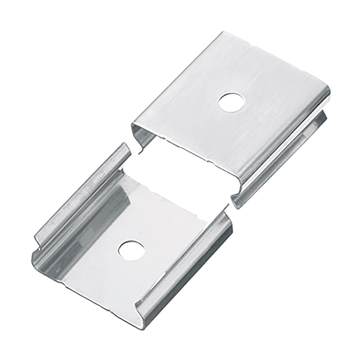 LYYT recessed LED profile mounting clips in galvanised spring steel, shown as two formed channel brackets with central screw apertures on a white background.