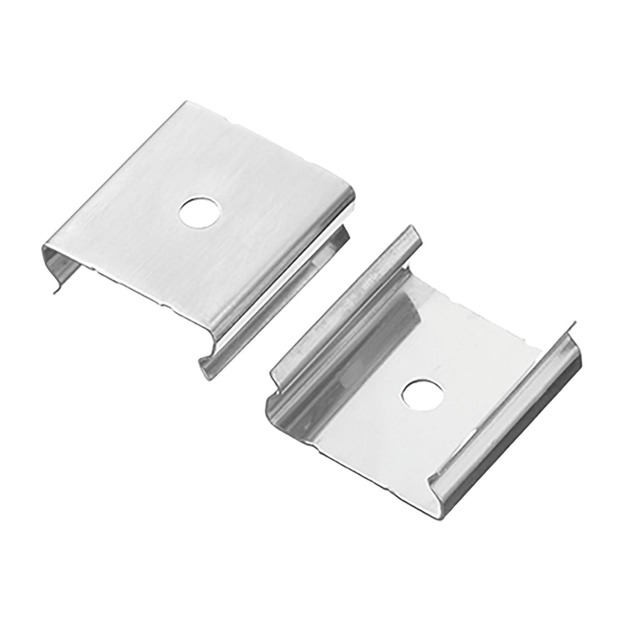 Displayed are two LYYT Clips for Recessed LED Tape Profiles, crafted from aluminium for enhanced durability. They feature a shiny, reflective surface and a U-shaped design with a hole in the center, showcasing both the top and side views.