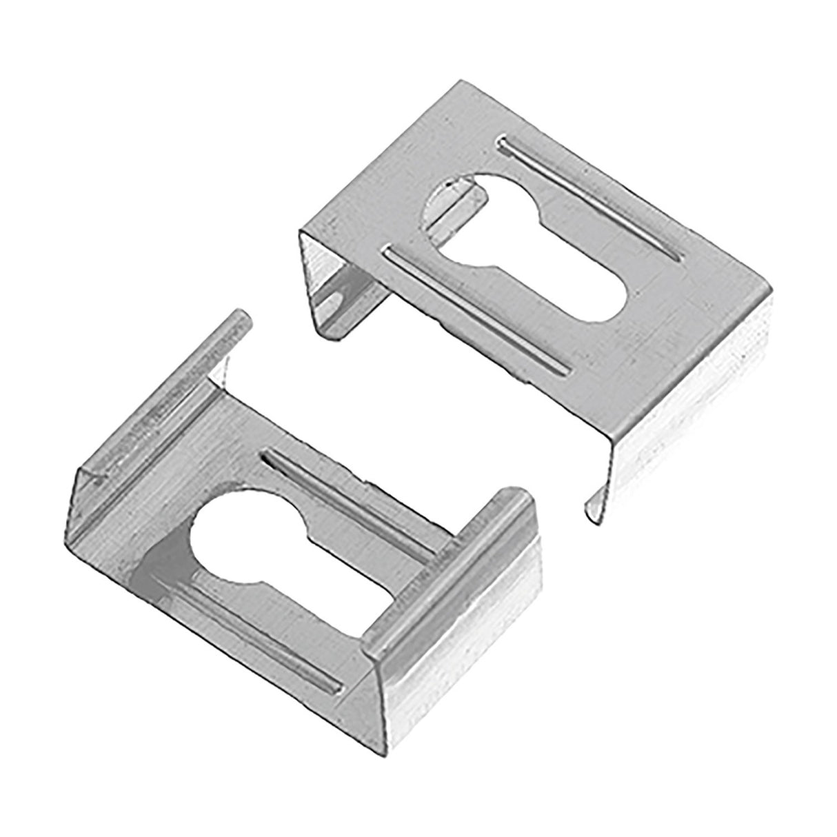LYYT 10 Mounting Clips for 45° Angle LED Profile by AVSL, galvanised steel spring clips with keyhole slots, shown as a pair on a white background.