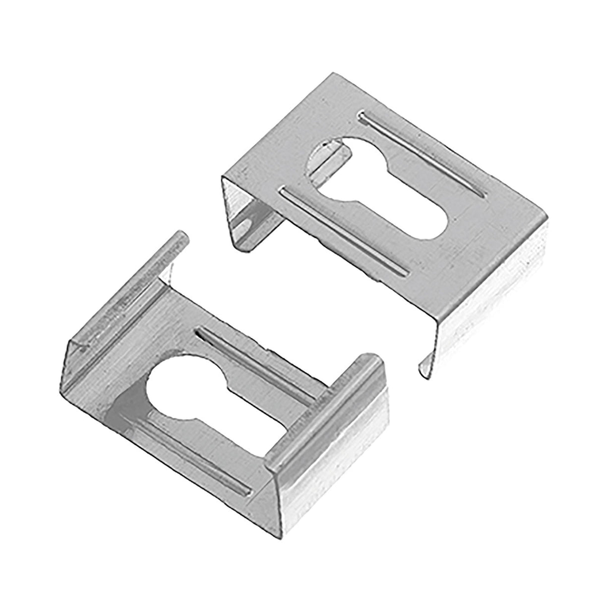 The LYYT 10 Clips 45° Angle Profile features two metallic U-shaped clips with a central keyhole cutout, perfect for mounting or securing aluminum profiles. These clips are displayed facing each other to highlight their structural details and durability.