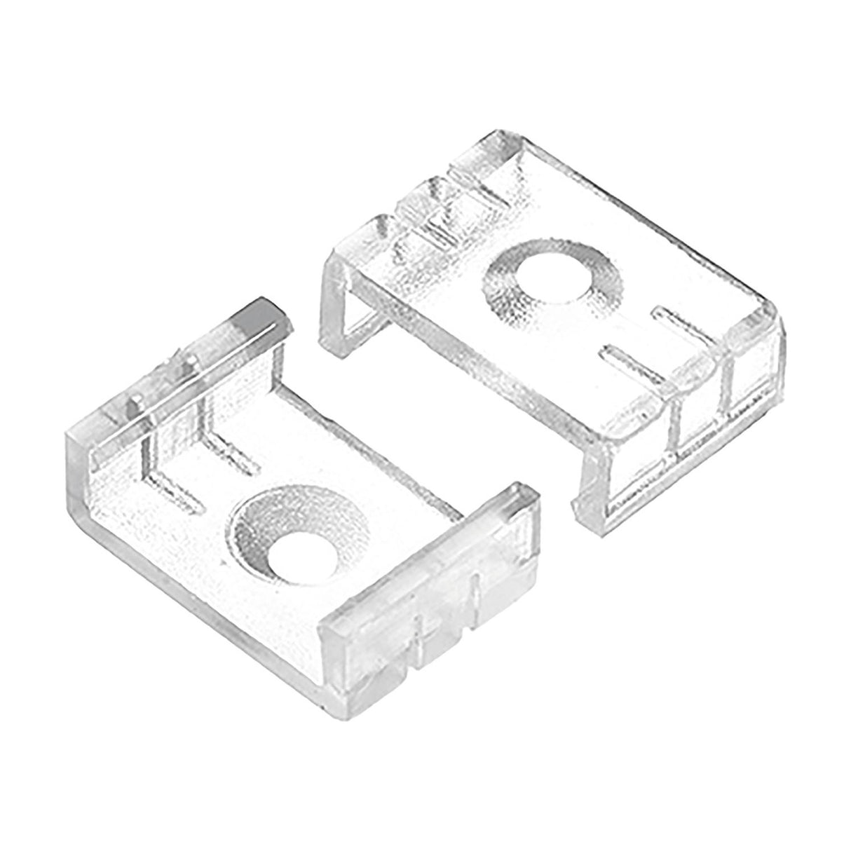 LYYT mounting clips in clear polycarbonate for short and tall crown LED profiles, two units shown with screw holes, on a plain white background.