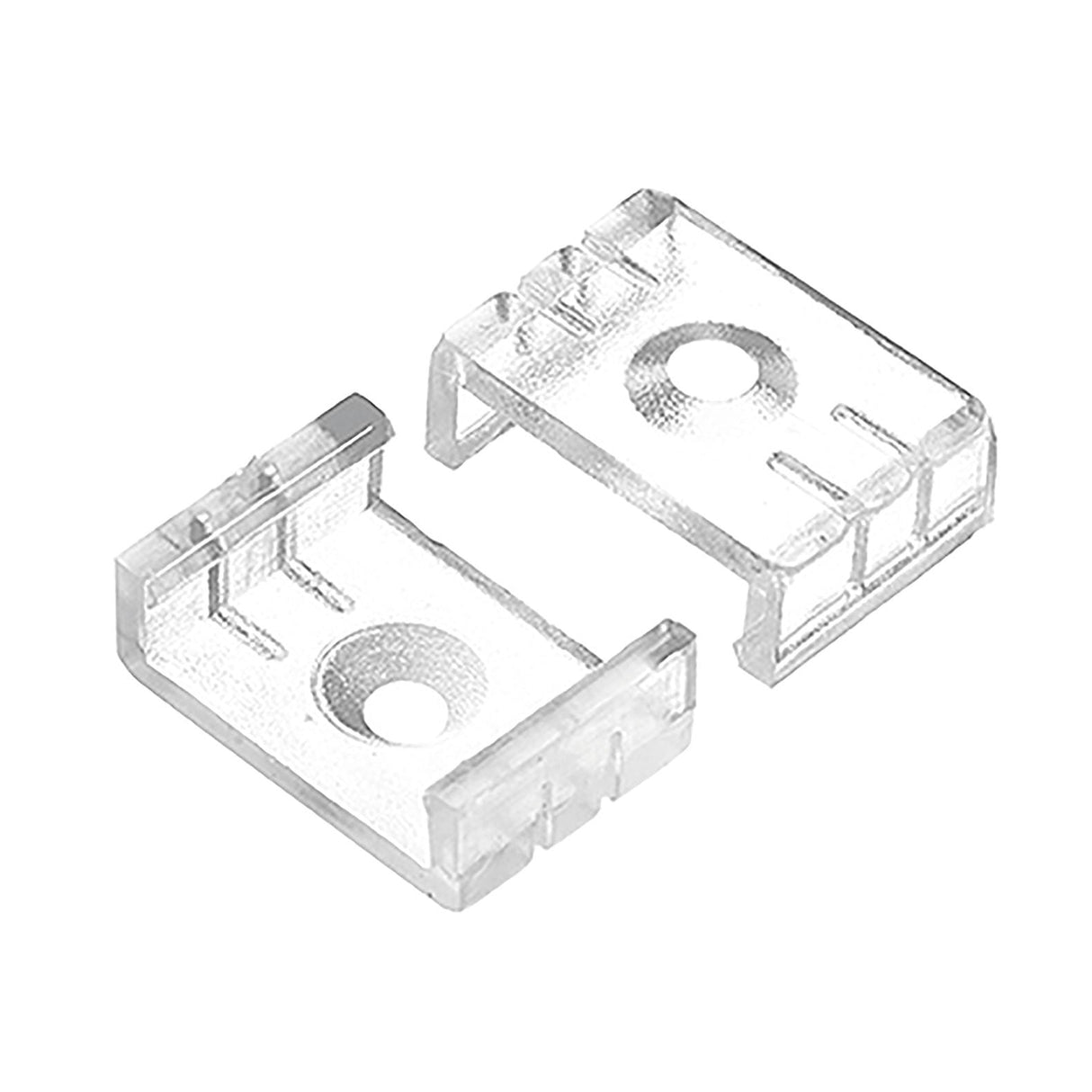 A close-up shows two LYYT 10 Clips Short/Tall Crown Profile connectors. These transparent plastic connectors feature circular openings and notched edges, designed to fit together securely like durable clips. They are set against a plain white background, highlighting their robust functionality for applications such as securing an aluminium profile.