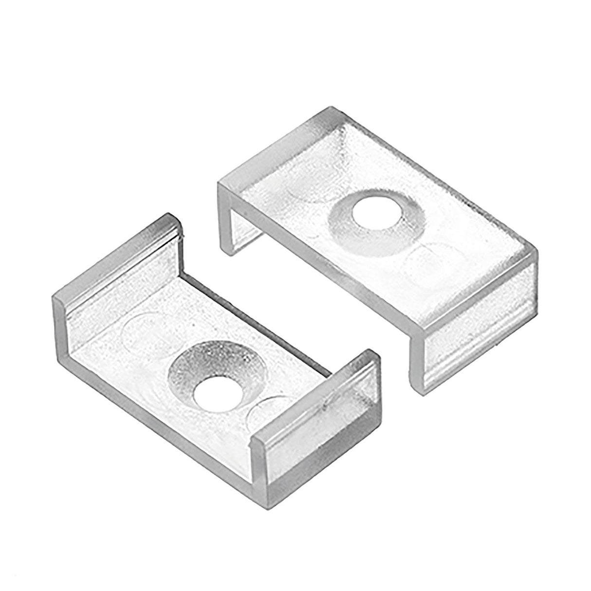 The LYYT 10 Clips Wide Crown Profile, featuring two transparent L-shaped plastic brackets with circular holes in the center, are positioned facing each other on a white background, highlighting their compatibility with aluminum profiles and enhanced durability.