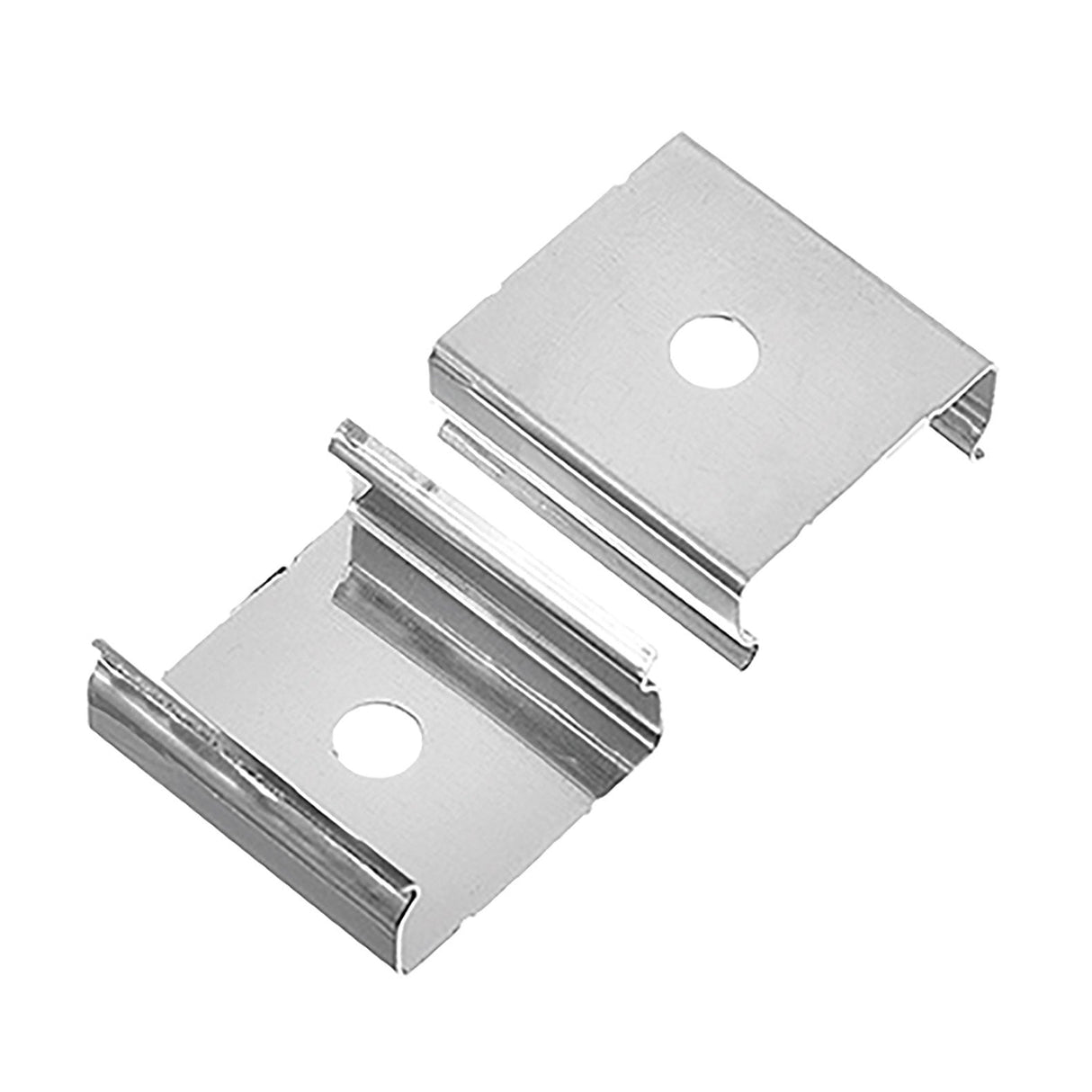 Two robust metallic clips from the LYYT Clips For IP68 LED Tape Profiles (10 Pack) set, featuring a rectangular shape and central hole, rest on a plain white background. Designed for securing objects to aluminum profiles, they are shown from a top-down view.