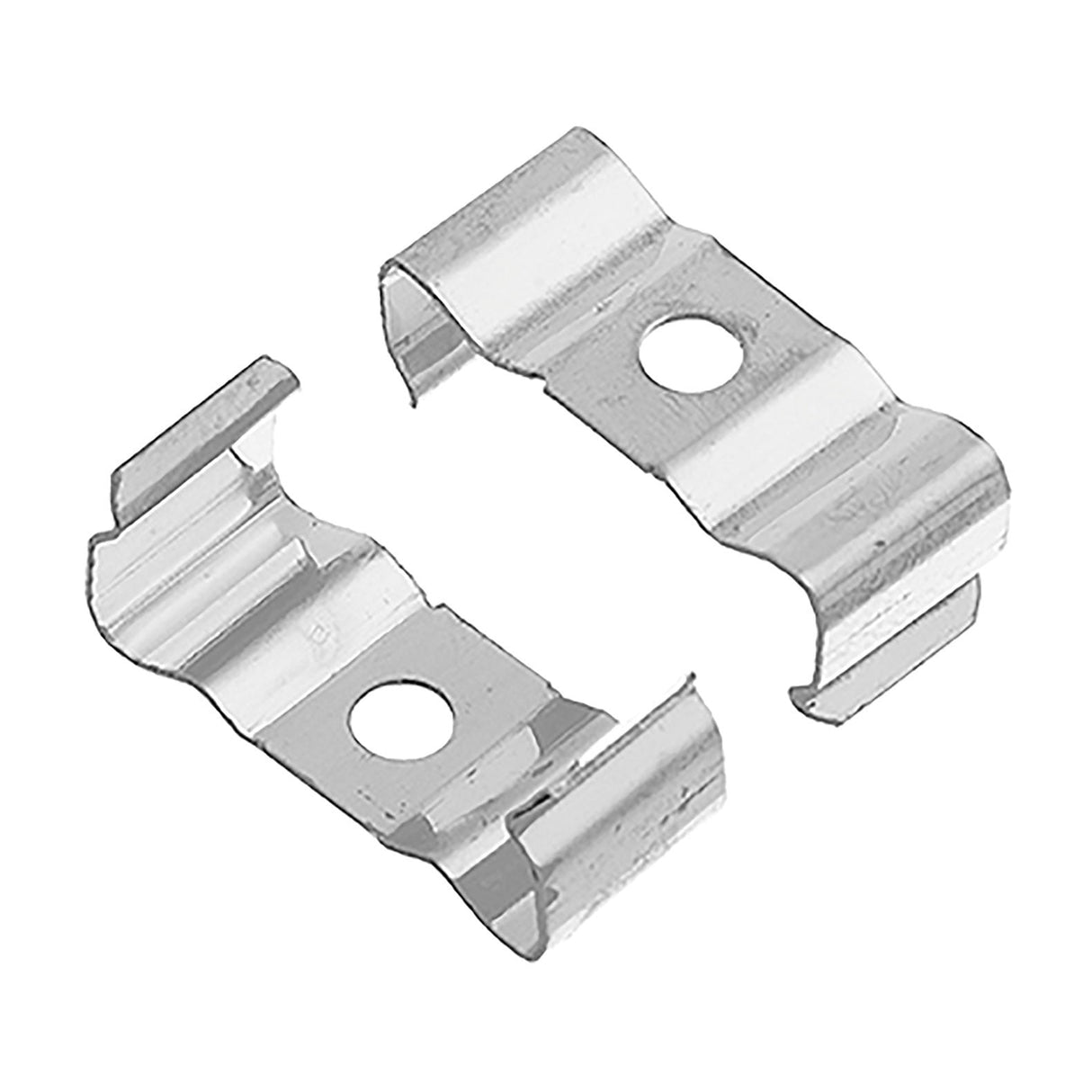 The LYYT 10 Clips Box Profile set includes two sturdy metal clips made from an aluminum profile, each boasting a central hole and a distinctive wavy design. These clips are designed to face each other, suggesting their use as part of a fastening mechanism or connector.