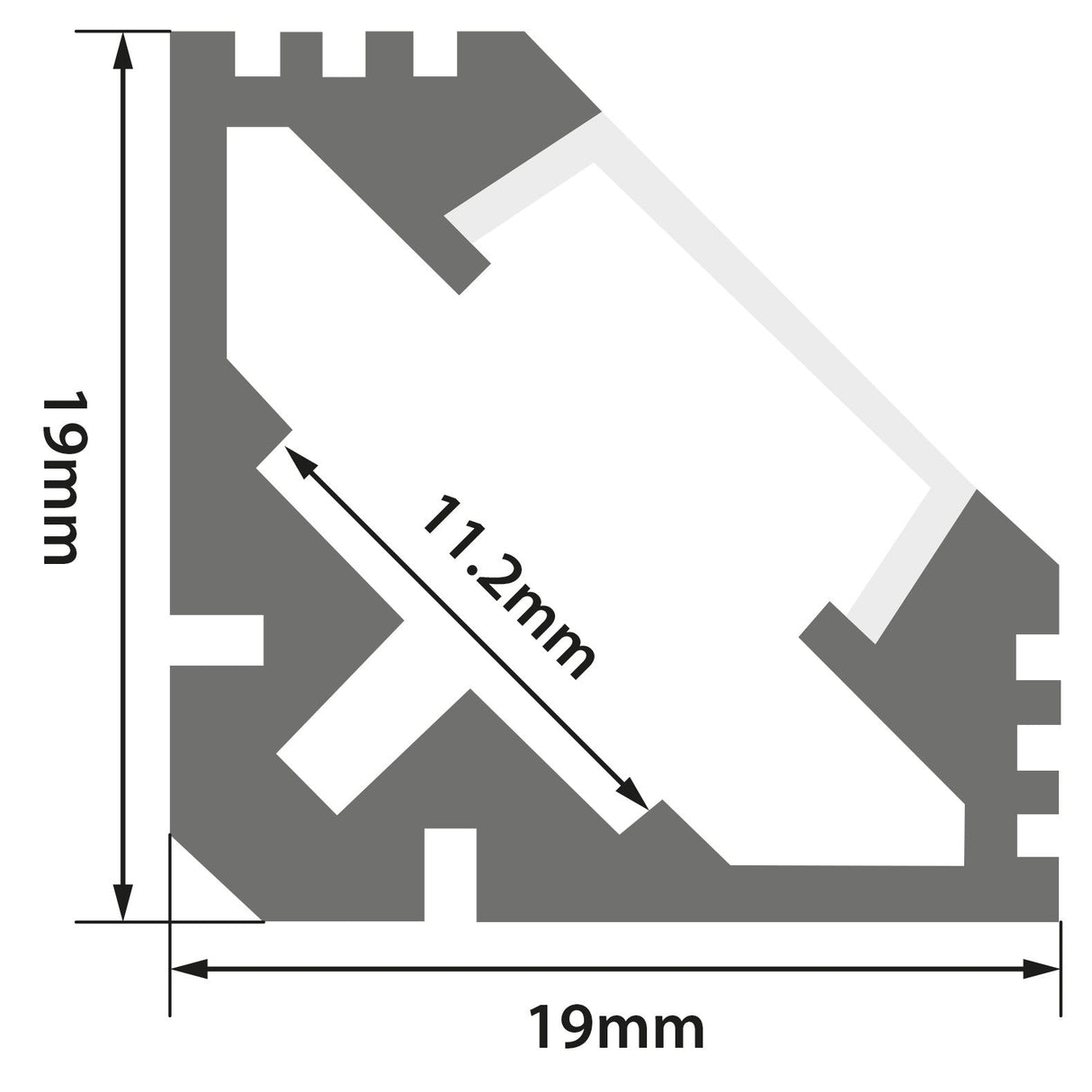 A technical diagram shows the LYYT 45° Corner Surface Mount LED Profile 1m - Clear, a gray and white aluminium corner channel with 19mm x 19mm outer dimensions and an 11.2mm internal diagonal, ideal for installing LED tape at a 45° angle.