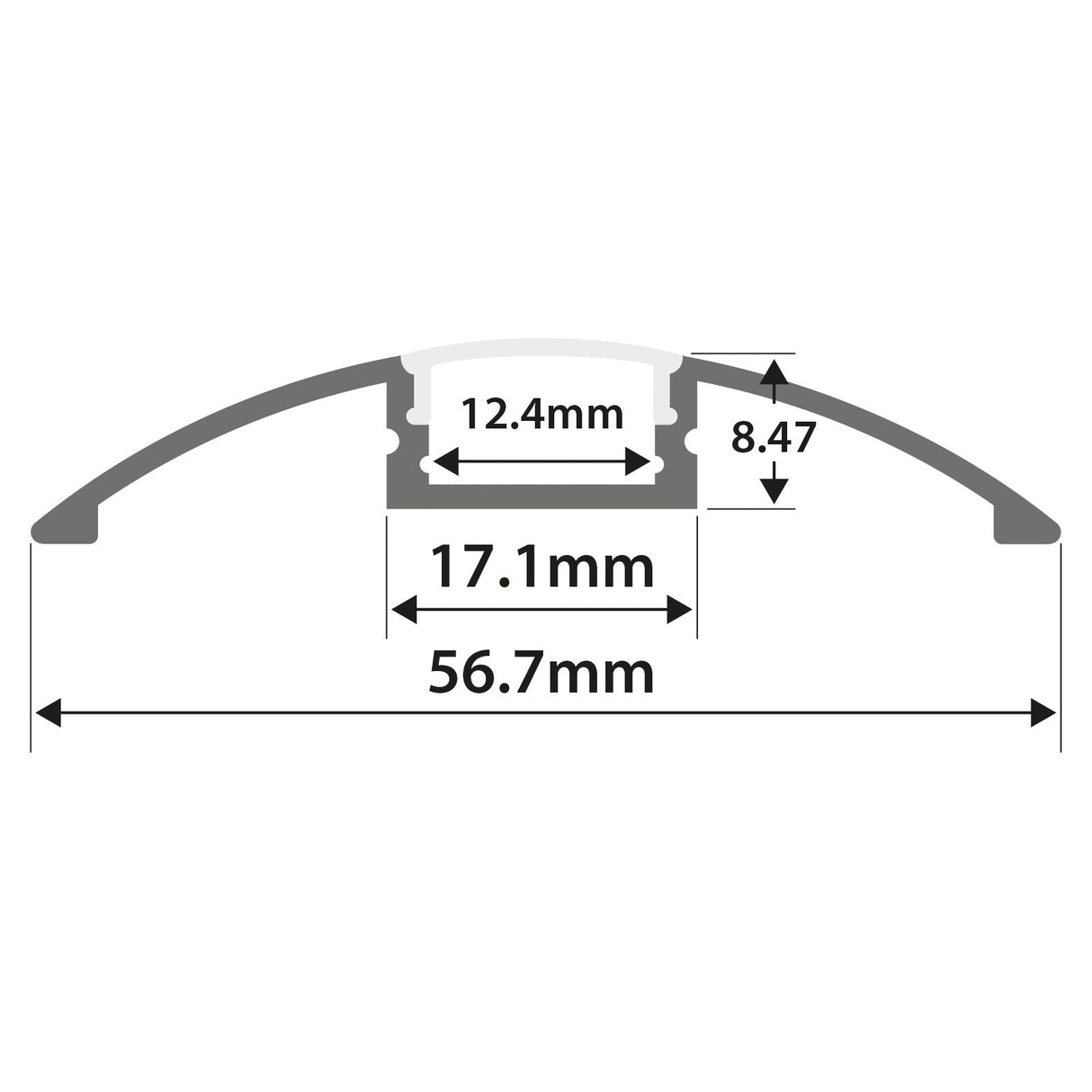 Cross-sectional diagram of the LYYT Surface Mount LED Strip Profile Bar 2m - Clear, featuring a central rectangular channel—ideal for LED tape; dimensions: 12.4mm width, 8.47mm height, 17.1mm inner width, 56.7mm overall width.