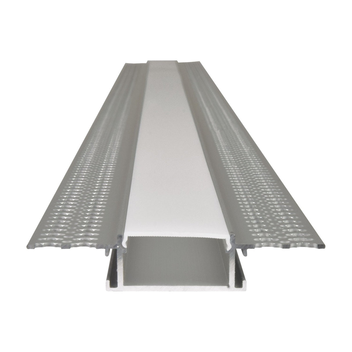 LYYT 2m aluminium plaster-in LED tape profile with wide perforated flanges and white snap-fit diffuser, shown end-on against a plain white background.