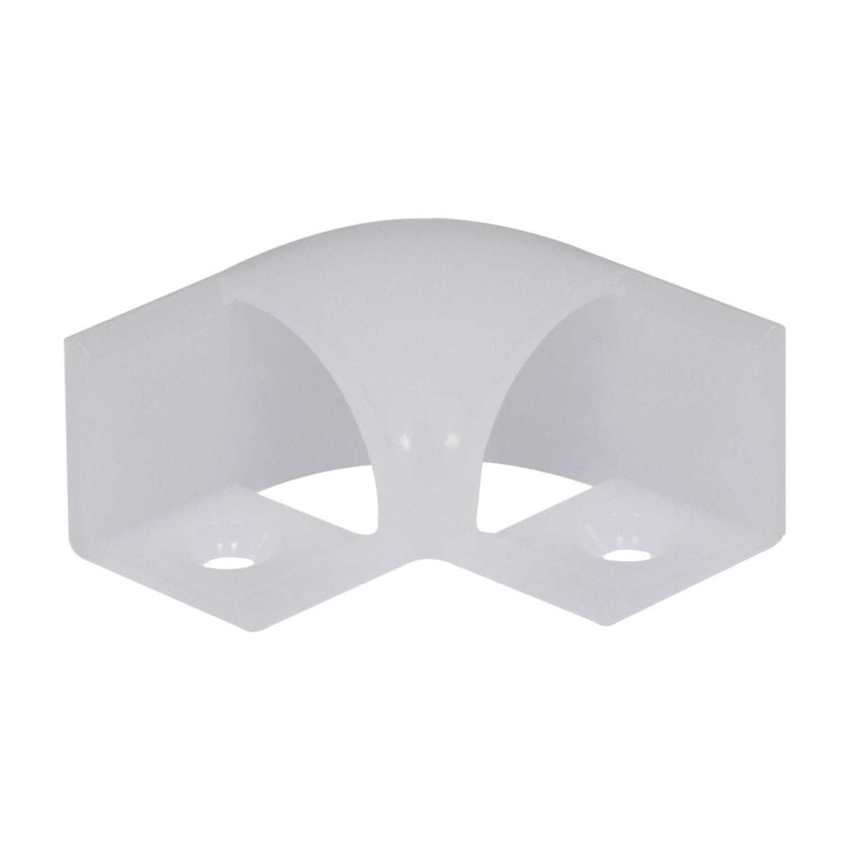 LYYT 90° Arc corner connector for LED strip profiles, translucent white polycarbonate right-angle piece with screw holes, shown on a plain background.