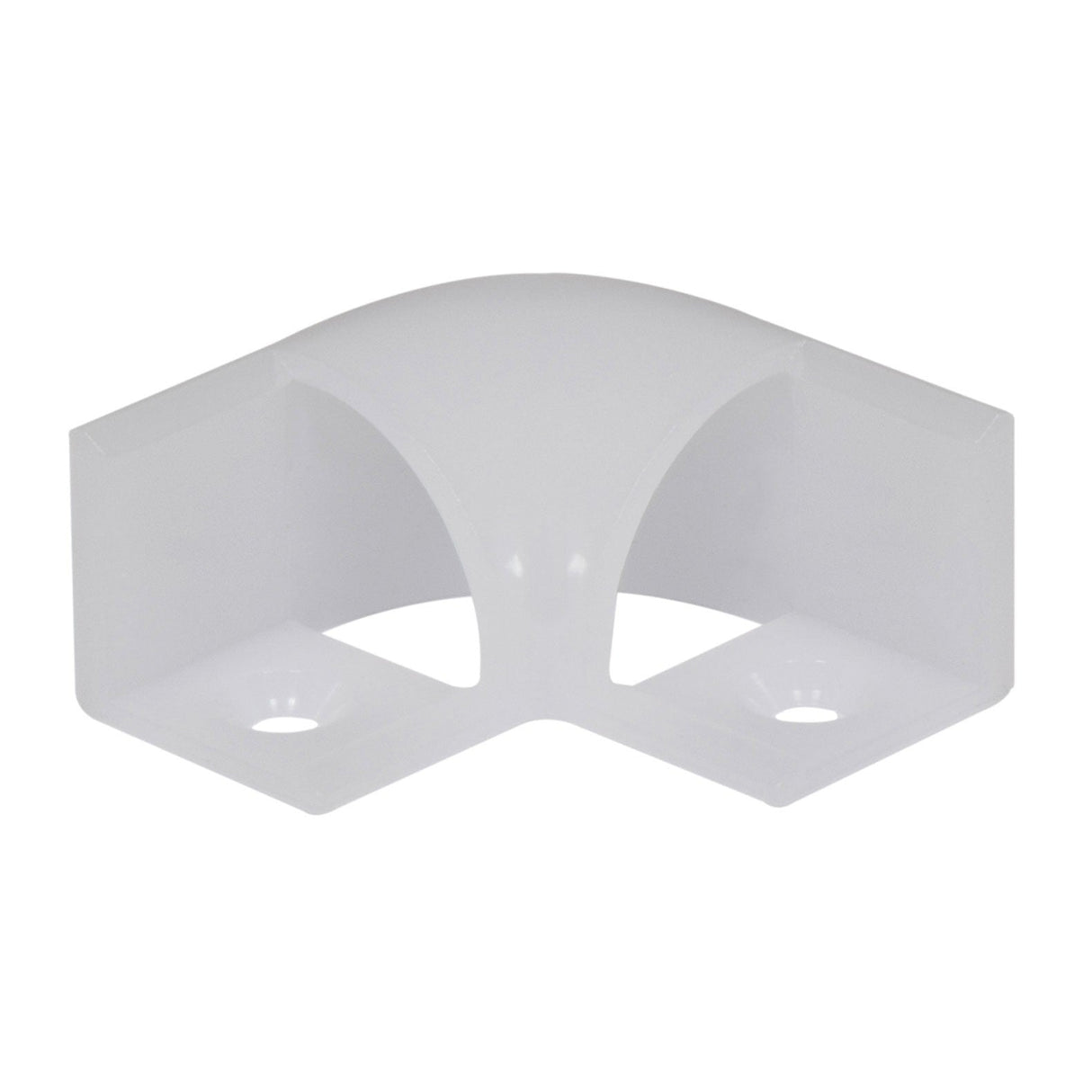 The LYYT Corner Connectors 90 Deg Arc (4 Pack) are white, L-shaped translucent corner protectors featuring two screw holes, specifically designed to fit over the edge of a surface for protection and provide a seamless diffused light effect.