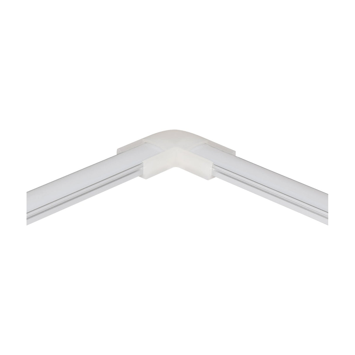 LYYT translucent polycarbonate corner connector joining two white aluminium LED profile sections at a 90-degree angle on a plain background.