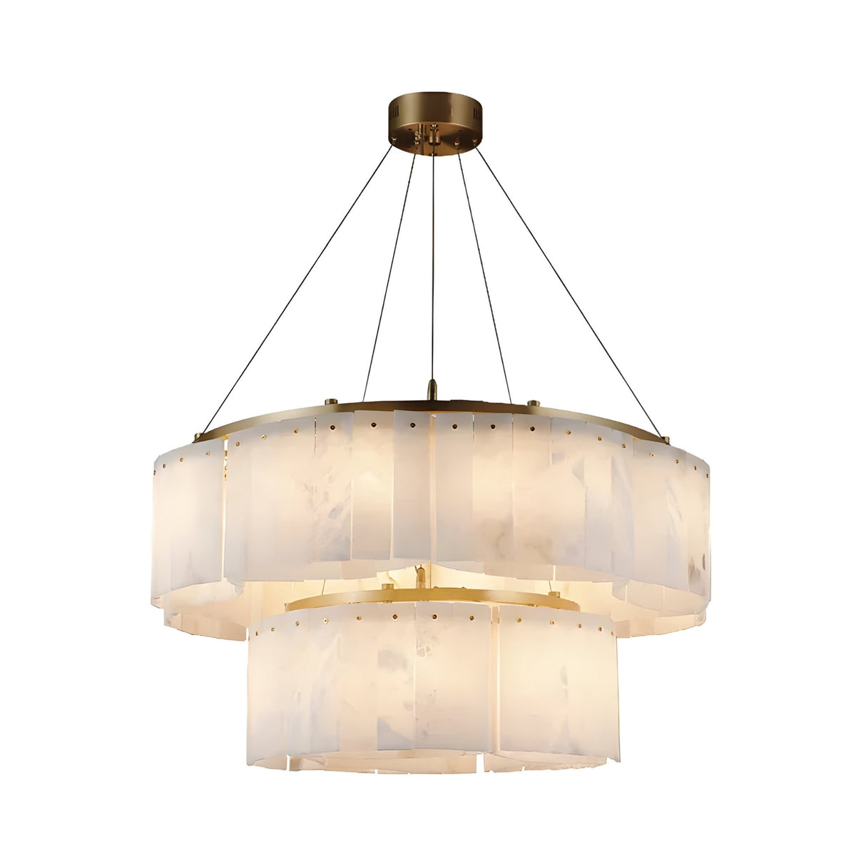 The Caldrisa 16 Light 2 Tier Layer Panel Alabaster Chandelier features circular tiers of frosted alabaster-like panels, suspended by slim cables from a brass mount, emitting soft white light for a modern, elegant look.
