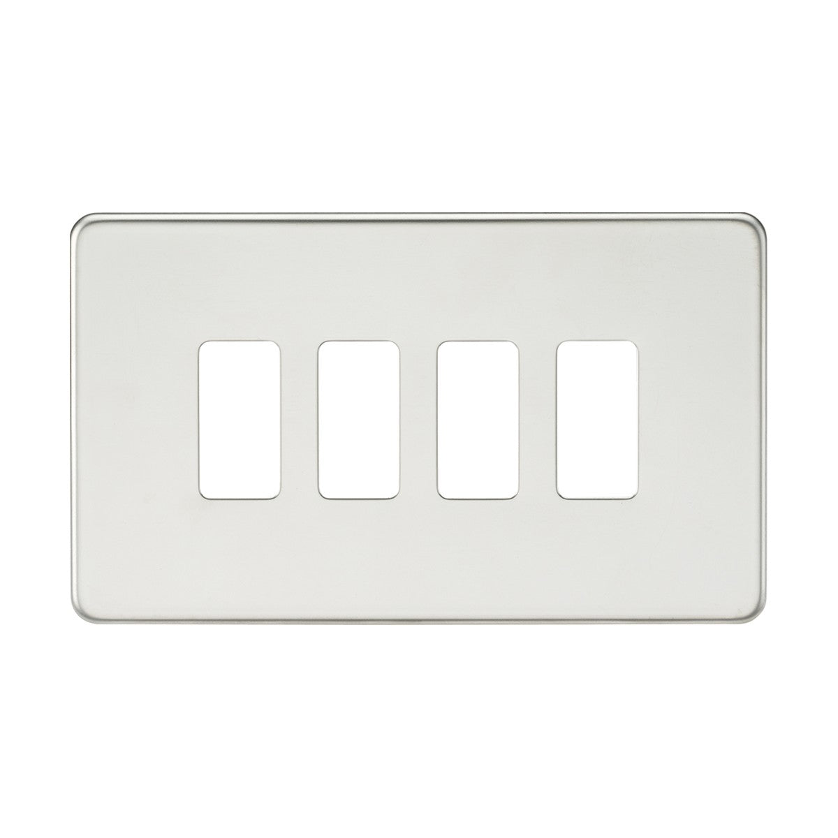 A Screwless 4 Gang Grid Faceplate in polished chrome, designed with openings for four switches and crafted from premium-grade steel for lasting durability.