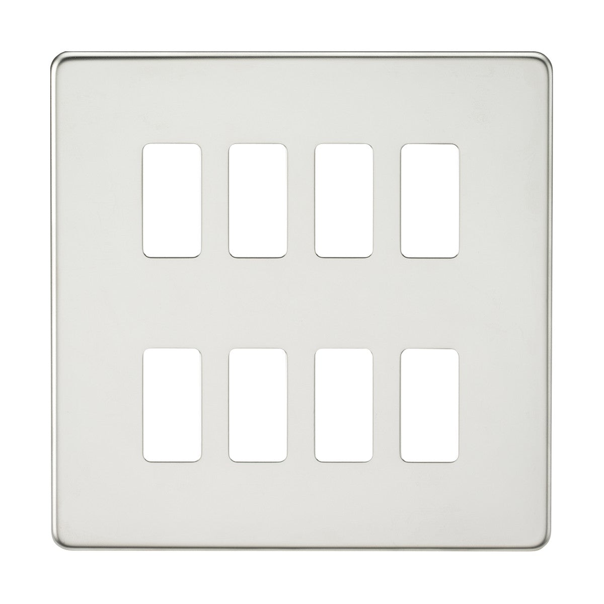 The Screwless 8 Gang Grid Faceplate in polished chrome beautifully displays a premium-grade steel design with four pairs of rectangular openings arranged neatly. Its sleek, screwless grid faceplate design offers an elegant touch against a plain, white background.
