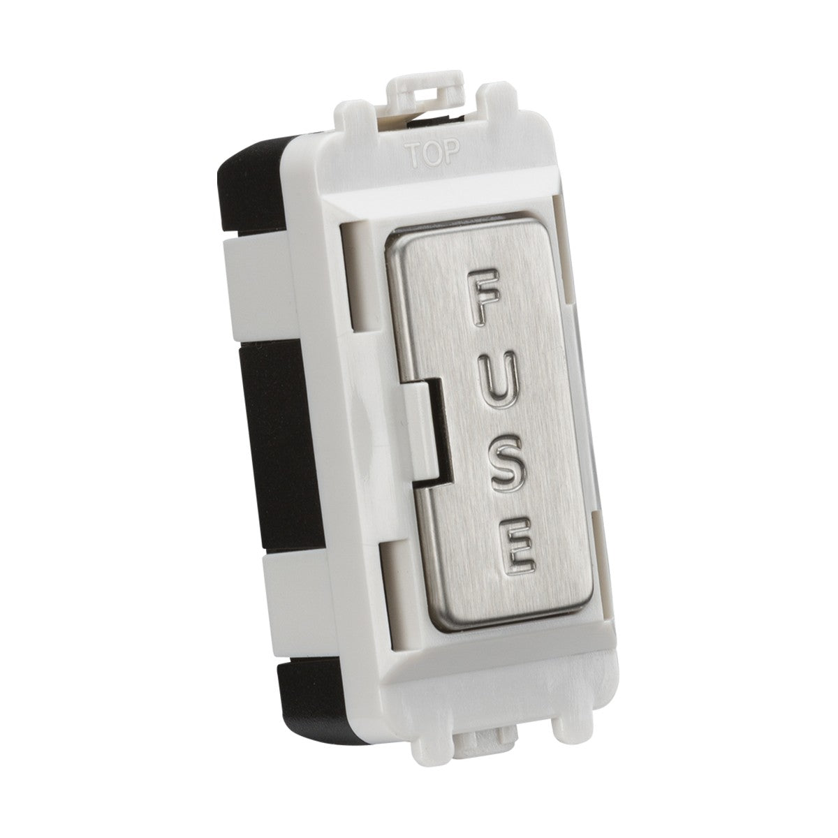 Close-up of the 13A Fused Module - Brushed Chrome, featuring a replaceable 13A fuse, designed for installation in an electrical system. Predominantly white and black with a brushed chrome cover labeled FUSE, it ensures protection and safety within appliance protection circuits.
