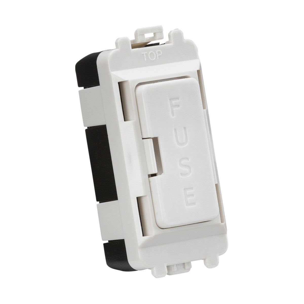 The 13A Fused Module - White is a rectangular fuse holder designed for installation in a Knightsbridge Grid system, with "FUSE" embossed on the front. It features a visible top marking and black casing on the sides, ideal for incorporating a replaceable 13A fuse to enhance appliance protection circuits.