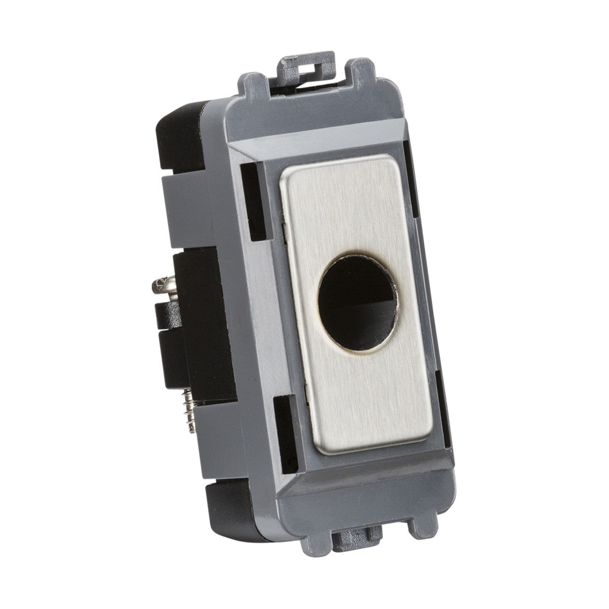 The product, a Flex Outlet Module (Up To 10mm) in brushed chrome, showcases a gray and black electrical switch with a metallic central button, exuding a sleek, modern appearance. It is designed for wall mounting within the Knightsbridge Grid system and features a circular indentation that enhances its minimalist appeal.