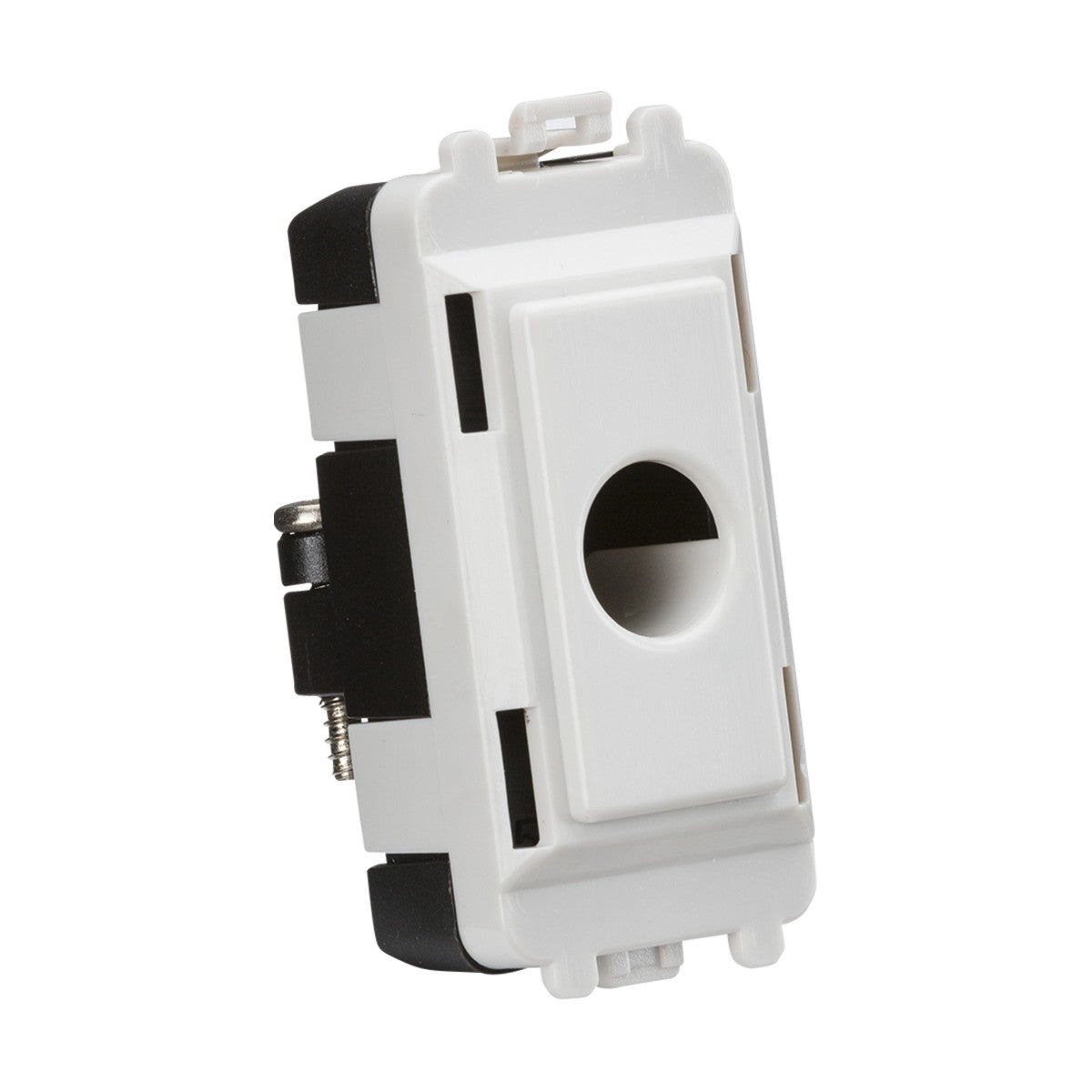 Introducing the Flex Outlet Module (Up To 10mm) - White, a rectangular electrical wall plate with a circular opening at its center, designed to fit switches or sockets. It includes a black mounting bracket and a metal screw on the side for compatibility with different mounting box depths.