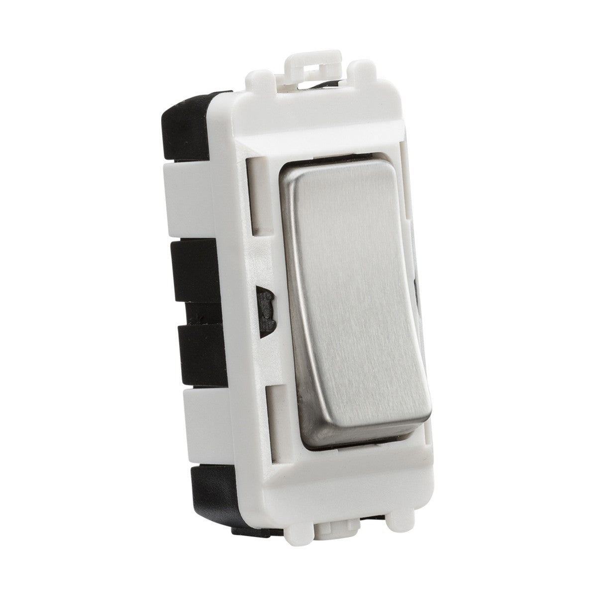 A white and black plastic light switch with a silver metal toggle is currently in the off position, tailored for wall mounting. The 20AX 2 Way SP Module (Centre Off) from Knightsbridge features a sleek, minimalist rectangular design with a brushed chrome finish, ideal for modern interiors.