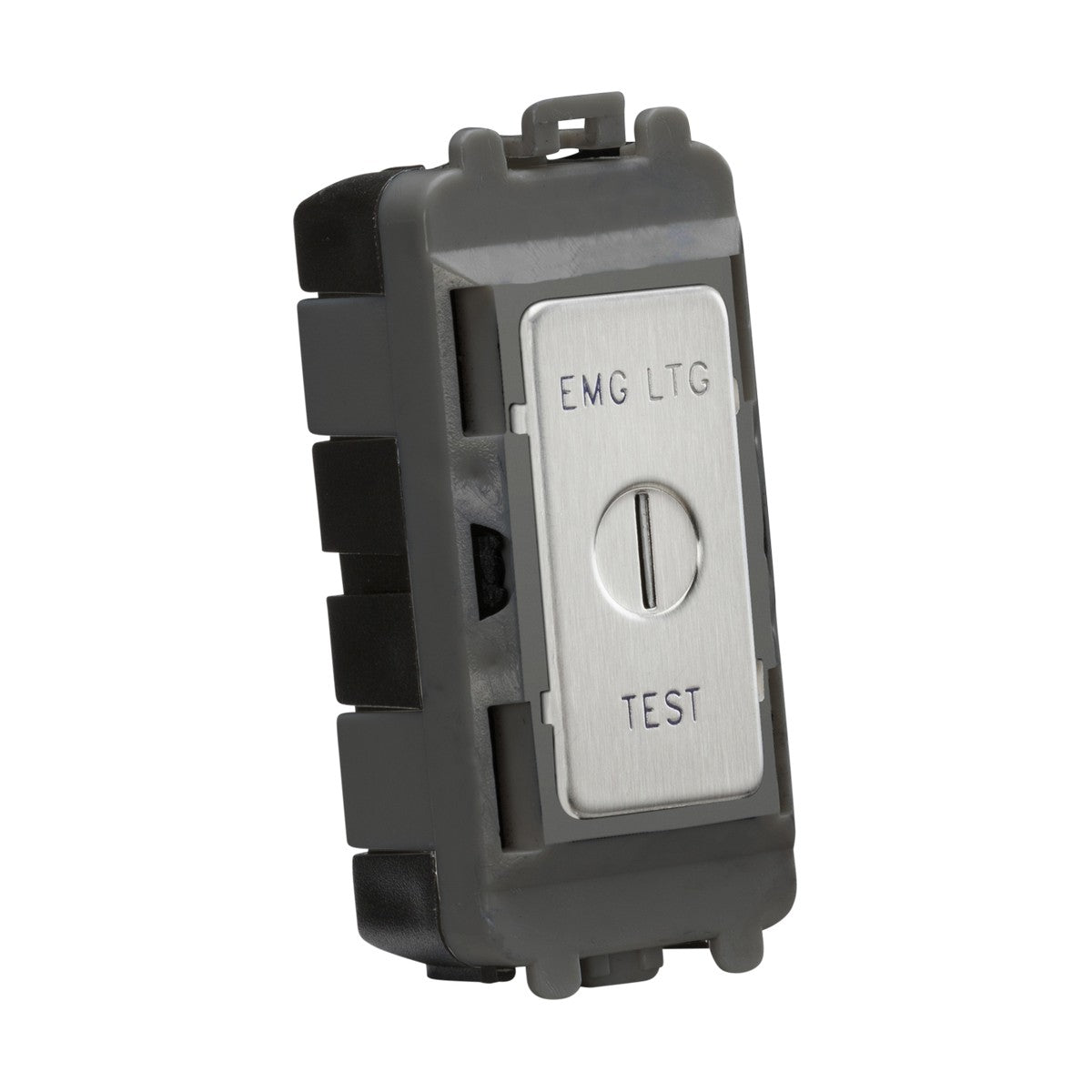 Close-up of a 20AX DP Key Module (Marked EMG LTG TEST) with a brushed chrome finish by Knightsbridge. The metallic faceplate features engraved "EMG LTG TEST" lettering and has a central key slot for operation, all encased in a dark plastic housing.