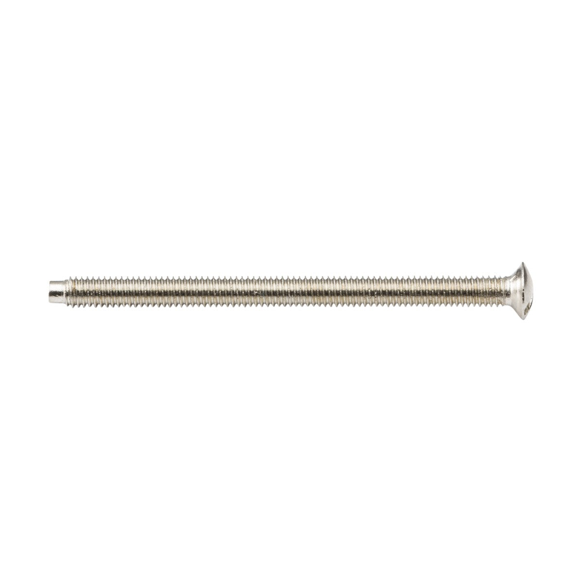 A raised head countersunk electrical screw from a 100 pack, measuring M3.5 x 50mm, with threading along its shaft and a silver finish, is positioned horizontally on a plain white background, perfect for precise electrical installations.