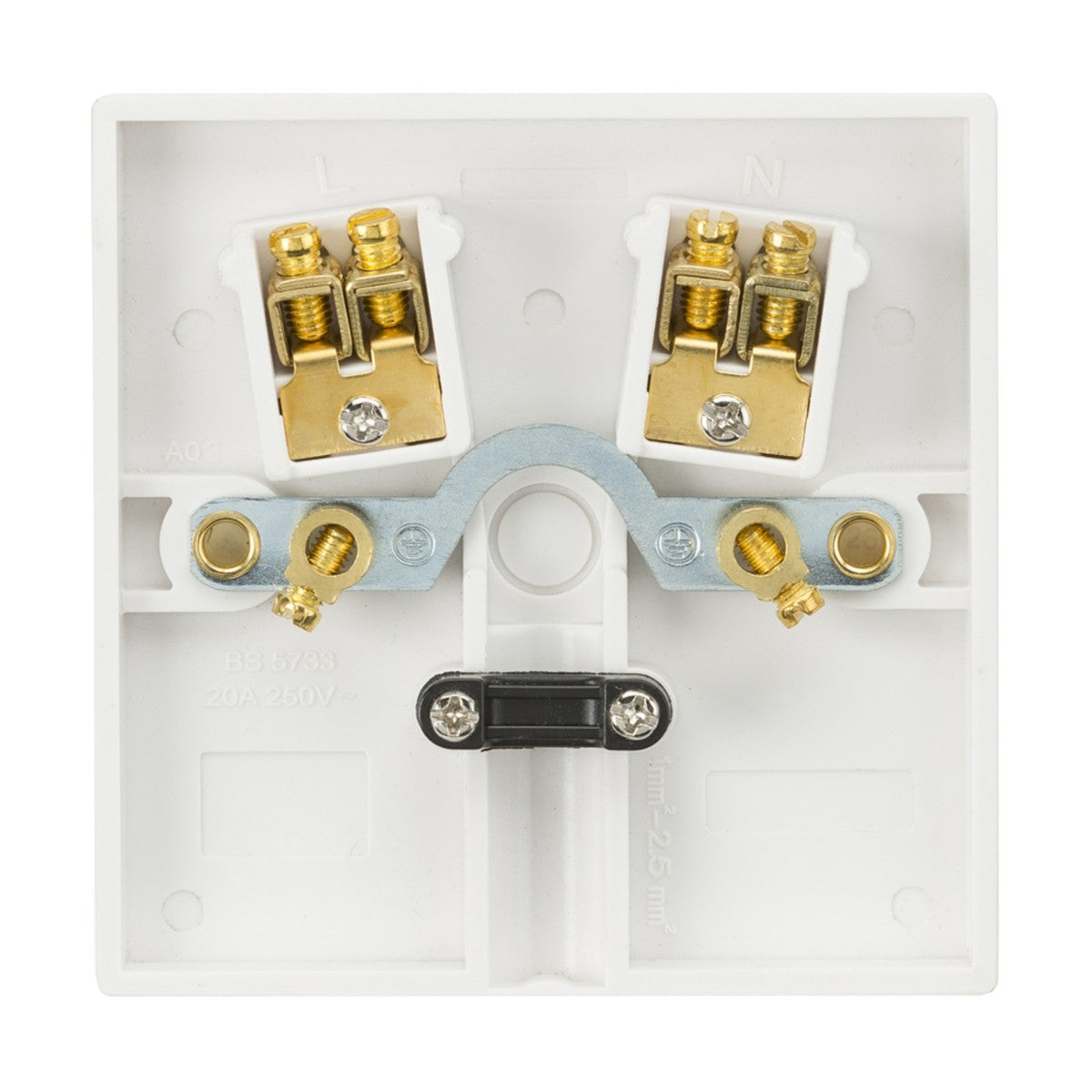 The image displays the reverse side of a Knightsbridge 20A Flex Outlet Plate (Square Edge), highlighting brass terminal screws and markings for live (L) and neutral (N) connections. It features a metal bracket and wire connections, with specification details embossed on the white plastic base of the plate.