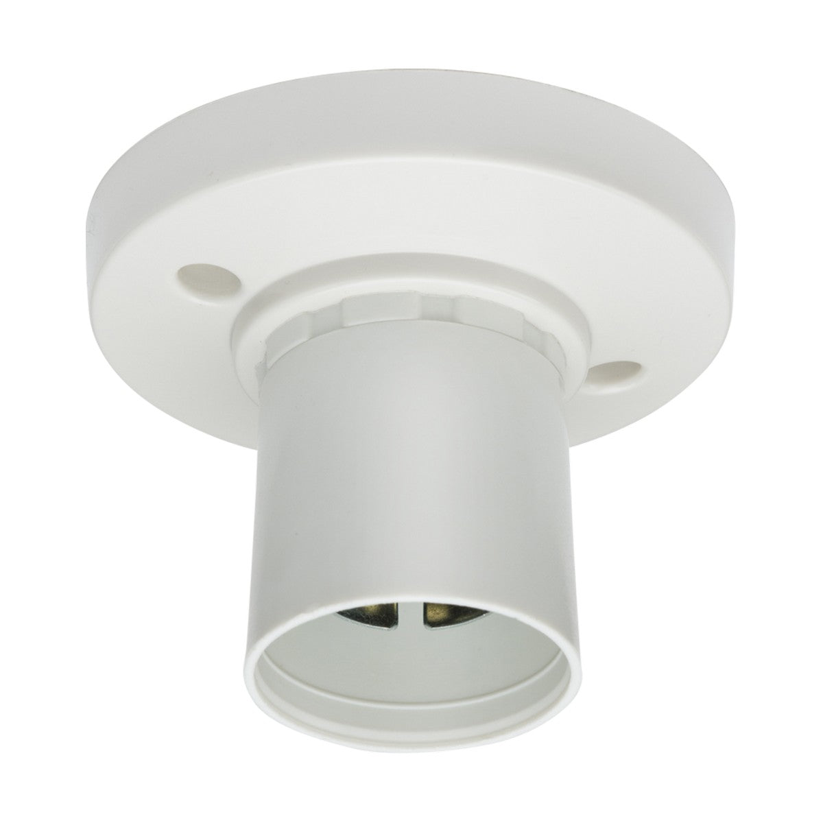 The Straight Short Skirt BC Batten Holder is a white ceiling light fixture with a cylindrical socket, compatible with LED lampholders. Designed to hold a light bulb, it includes a round base for easy mounting and supports an efficient setup.