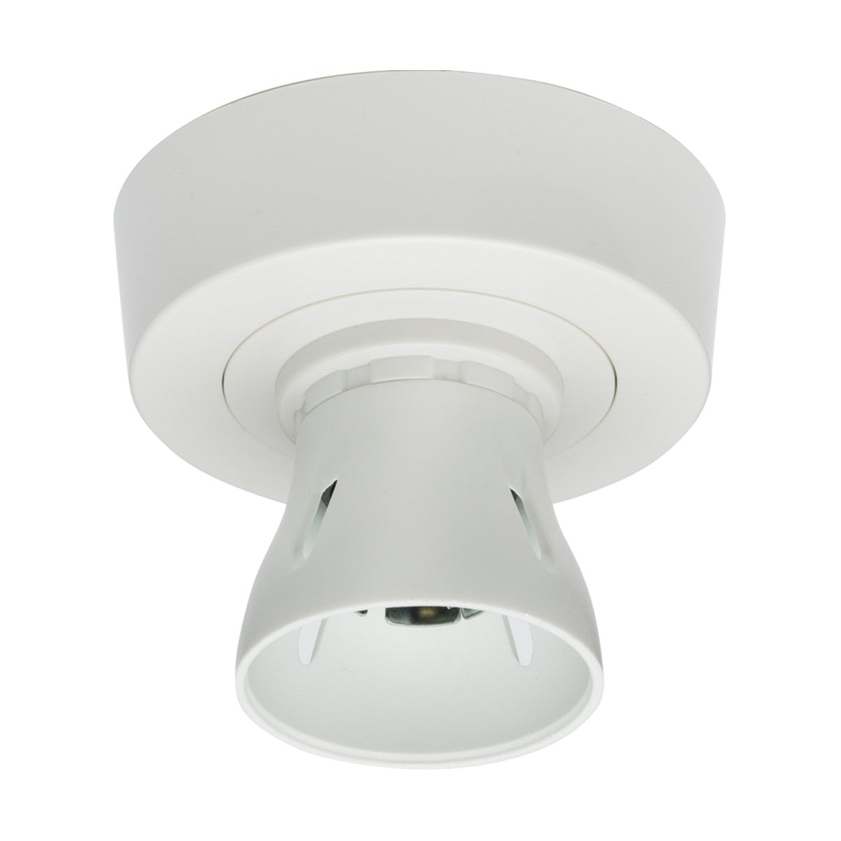 The "HO BC Batten Holder With Ceiling Rose" is a white ceiling-mounted light bulb socket showcasing a simple, modern design. Set against a plain white background, it features a cylindrical socket with a slightly wider base that enhances its sleek appearance.