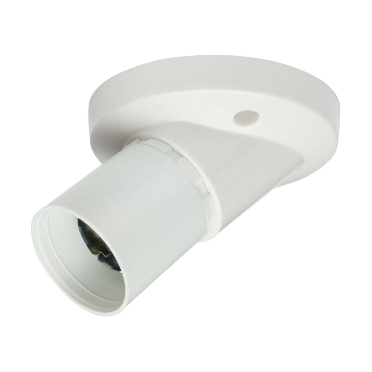 The Angled Short Skirt BC Batten Holder is a wall-mounted LED lampholder featuring a cylindrical shape and circular base. Its slight upward angle makes it an ideal addition to modern interiors. The product is showcased against a plain white background, emphasizing its sleek design.