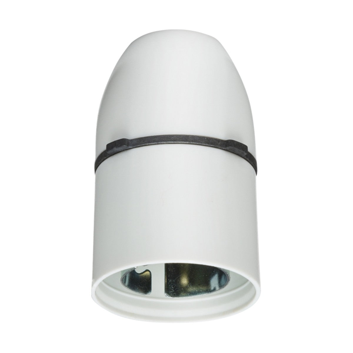 The BC Cord Grip Lampholder features a minimalist design with a white, cylindrical shape and a black rubber ring near the top. Its open bottom reveals a metal interior for secure electrical connections, showcasing Knightsbridge's signature simplicity and functionality.