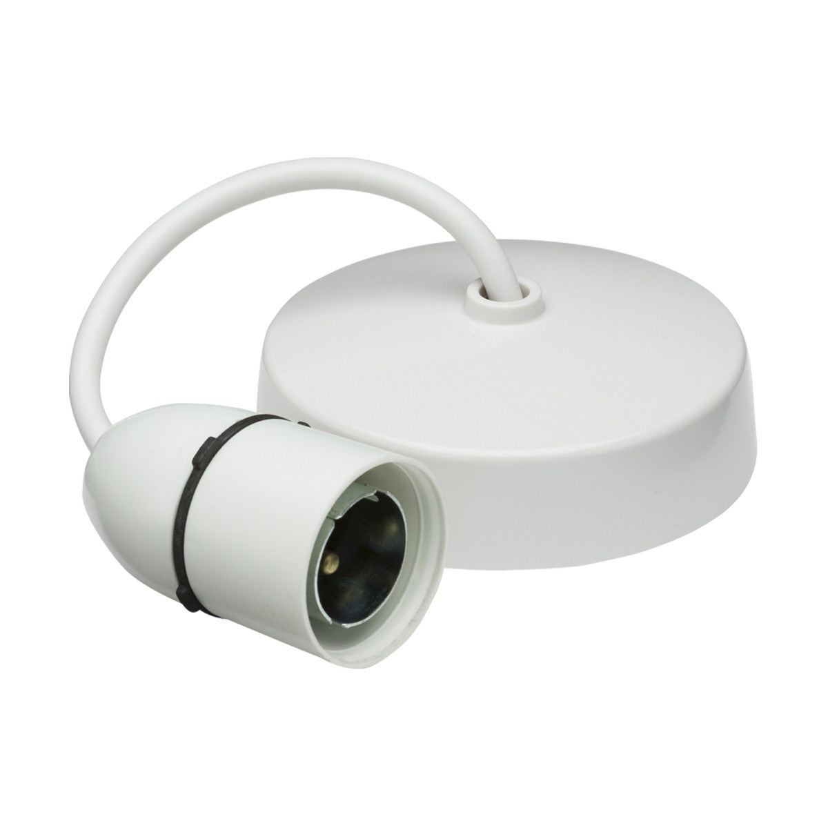 The 6" BC Pendant Set is a white ceiling pendant light fitting featuring a round base and short cord connected to a B22d lamp holder. The holder is angled to complement the flat, circular base.