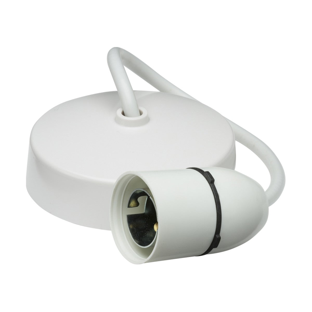 The 9" BC Pendant Set is a ceiling-mounted light fixture with a white circular base and a pendant lamp holder, connected by a short cable for easy pre-wired installation.