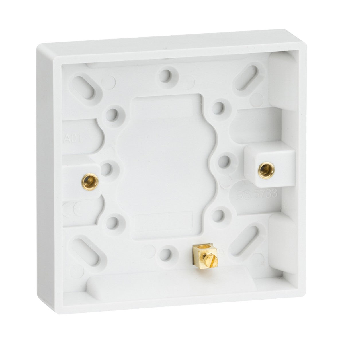The Single 16mm Pattress Box With Earth Terminal (Square Edge) from Knightsbridge is a white plastic electrical mounting box that incorporates multiple screw holes and two brass terminals. Perfect for flush mounting within walls, it is designed to securely hold wiring accessories such as switches or outlets.