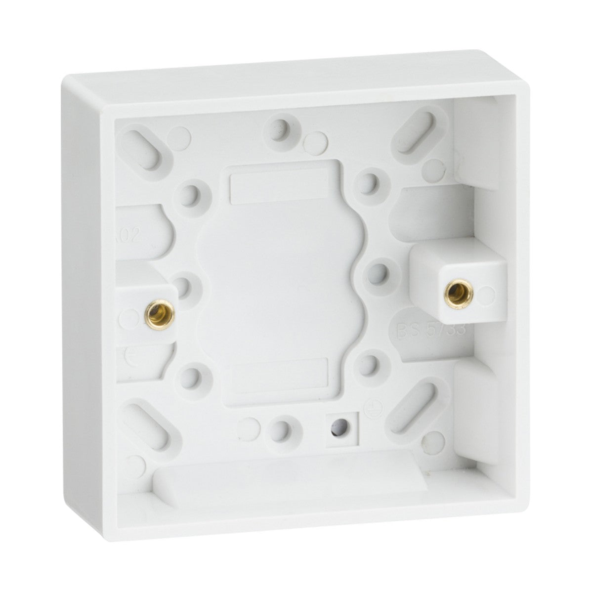 A Single 25mm Pattress Box (Square Edge) made from durable thermoset resin, designed as a white plastic square electrical back box with multiple screw holes. It includes Knightsbridge brass inserts for mounting switches or sockets and features an open-faced design with various cutouts for wiring access.