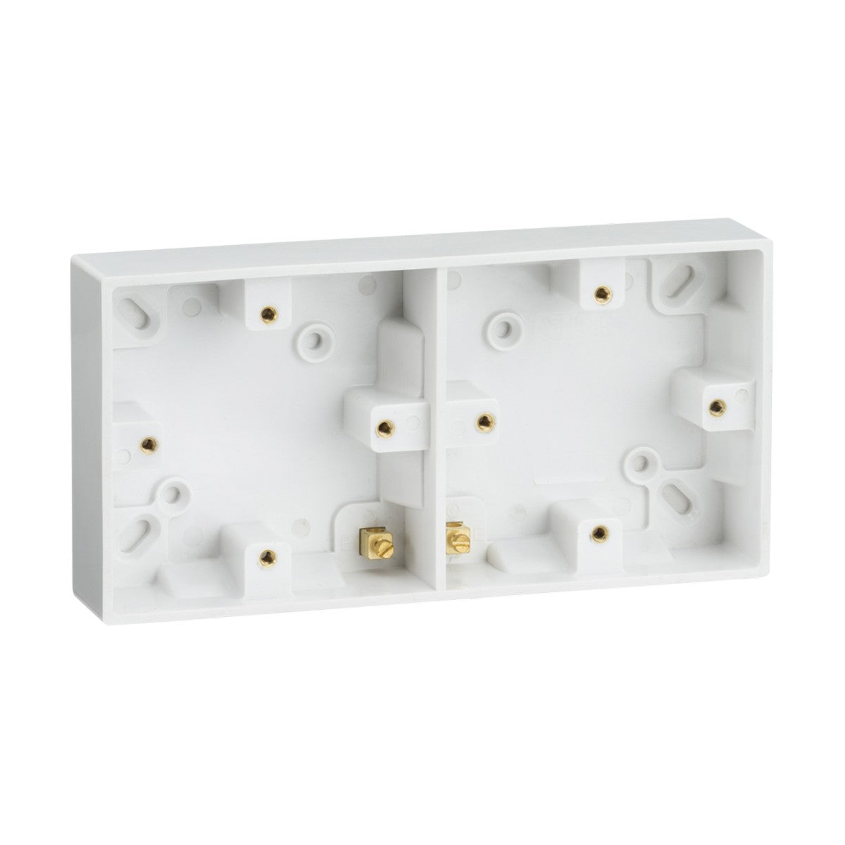 Introducing the Dual 25mm Pattress Box With Earth Terminal: a white plastic double-gang electrical back box with a square edge. It features multiple screw holes and brass terminals inside, made from durable thermoset resin, perfect for mounting electrical fixtures or outlets on a wall. Ideal for Knightsbridge settings.