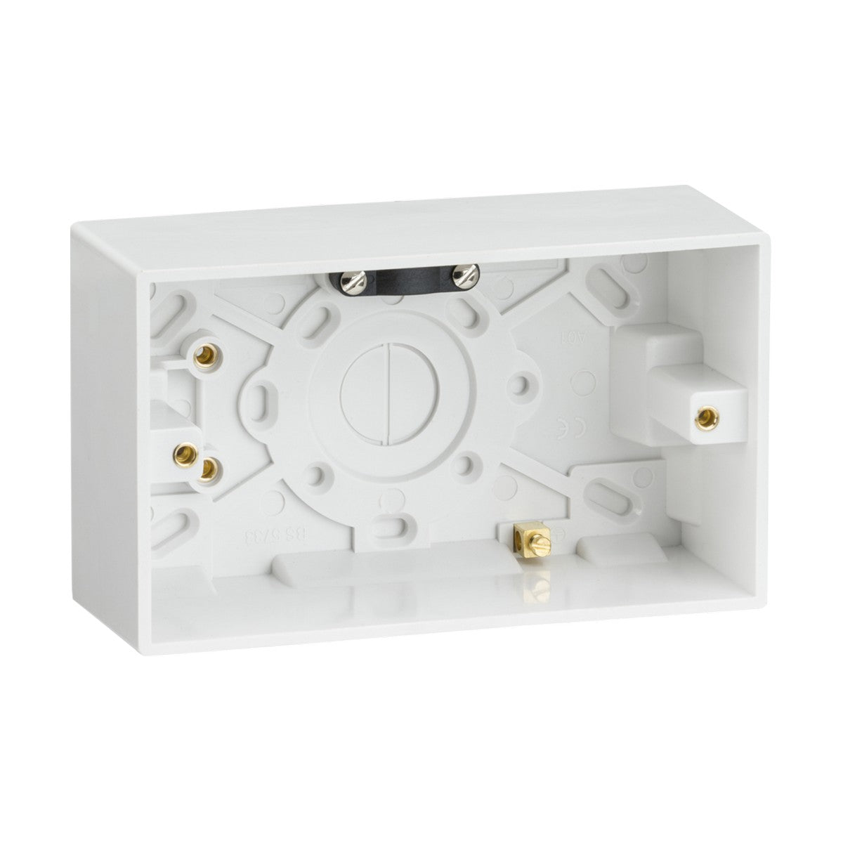 The Double 47mm Pattress Box With Earth Terminal by Knightsbridge, made from durable thermoset resin, boasts a rectangular shape with a square edge design. It features multiple screw holes and internal compartments, making it ideal for securely mounting a power outlet or switch. Additionally, it includes brass terminals to ensure reliable wiring connections.