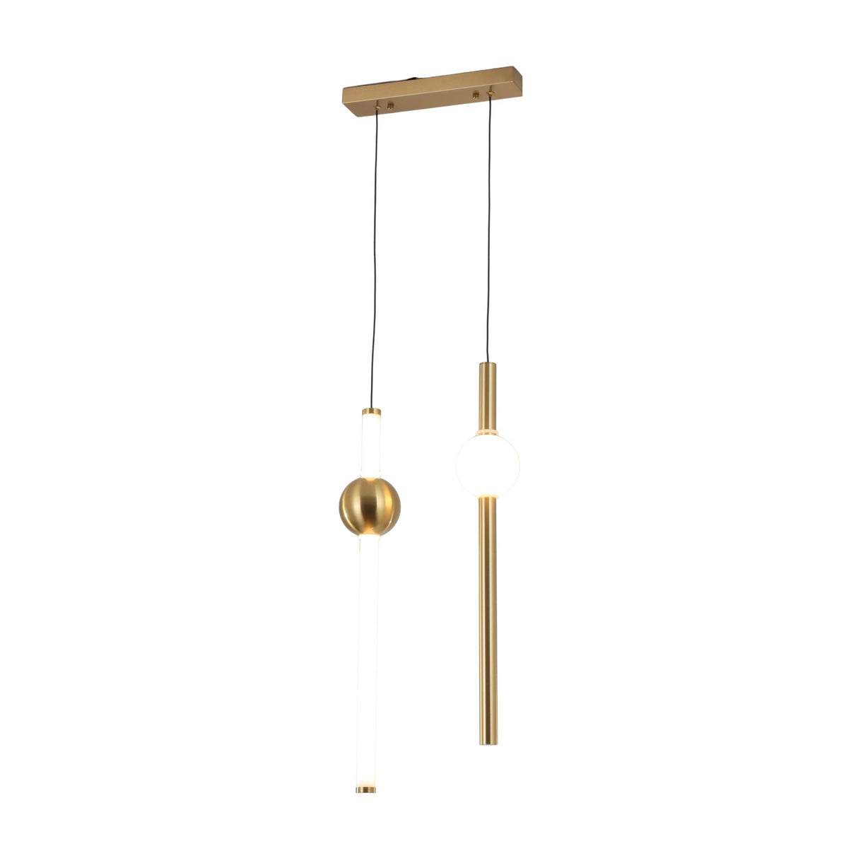 The Sottile LED Vertical Suspension Light - Gold features two suspended lights—a clear tube with a gold sphere and a frosted globe in a vertical gold cylinder—both hanging from a rectangular gold ceiling mount for a modern minimalist look.