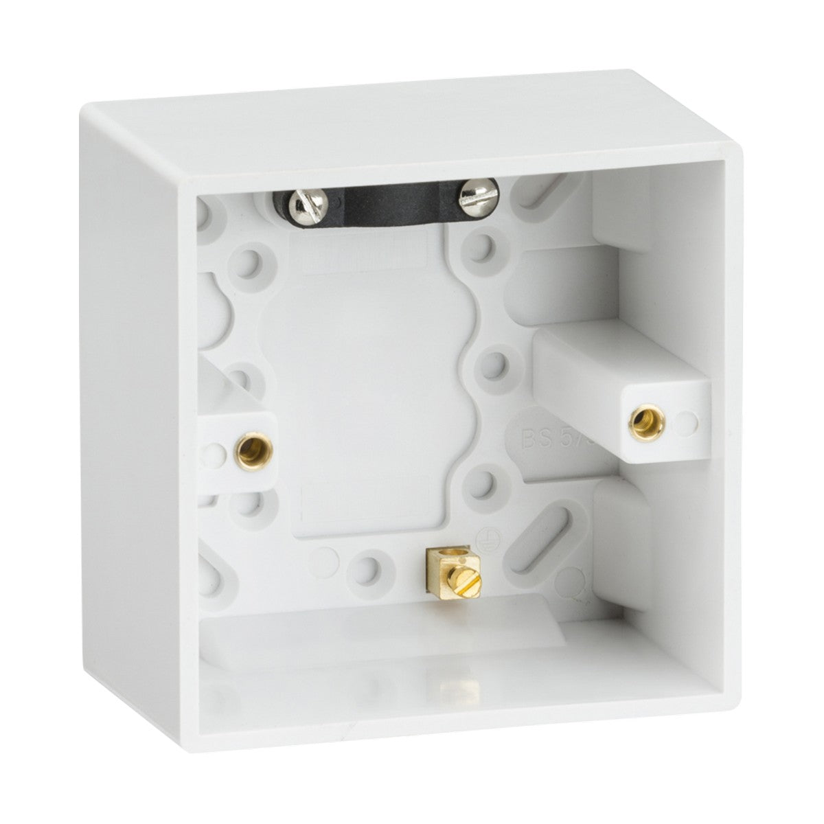 Image of a Single 47mm Pattress Box With Earth Terminal in white, designed with two screw holes for secure mounting. The Square Edge design includes various cutouts and connectors, crafted from durable thermoset resin to safely house electrical wiring or sockets.